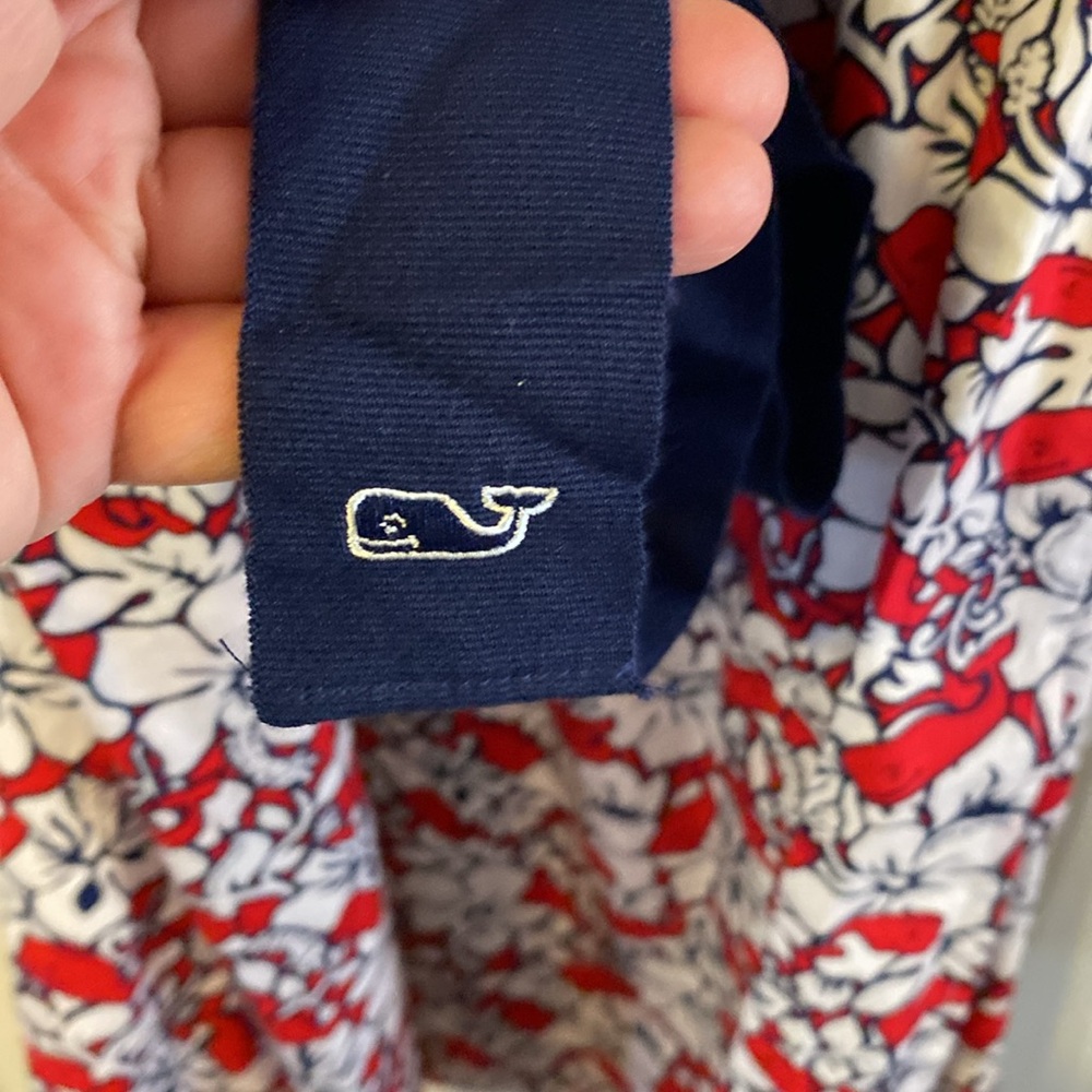 Floral Red and White Wrap Dress with Navy Trim - Picture 6 of 9